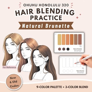 May include: Ohuhu Honolulu 320 Hair Blending Practice Natural Brunette guide featuring three illustrated portraits of individuals with brown hair, a nine-color palette swatch card, and a blank template for marker blending practice.