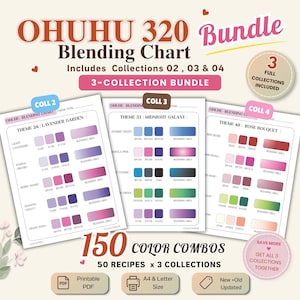 Op de afbeelding: Een Ohuhu 320 mengkaartbundel met drie collecties kleurstalen en menggebieden. De witte vellen tonen thema's zoals Lavender Garden, Midnight Galaxy en Rose Bouquet met genummerde kleurcodes en kleurverlopen.