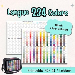 Peut inclure: Une trousse noire contenant 234 stylos gel de couleur, ainsi que des nuanciers intitulés "Languo 234 Colors". Les nuanciers incluent des options vierges et pré-colorées, avec le texte "Printable PDF A4 / Letter."