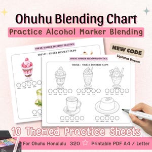May include: Ohuhu Blending Chart practice sheets for alcohol markers featuring sweet dessert cup themes. The printable PDF pages include line art illustrations of parfaits, milkshakes, and lattes with circular color swatches and marker codes.