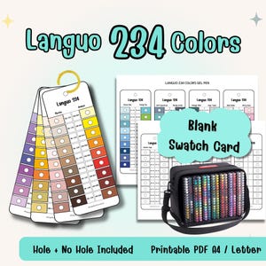 Puede incluir: Imagen que muestra un juego de 234 bolígrafos de gel Langou con muestras de color. La imagen incluye una tabla de colores, una tarjeta de muestra en blanco y una funda de transporte negra. El texto en la imagen dice "Hole + No Hole Included" y "Printable PDF A4 / Letter."