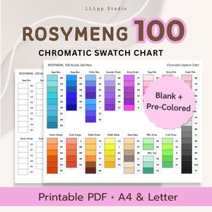 May include: A printable chromatic swatch chart labeled "ROSYMENG 100" with color swatches for acrylic gel pens. The chart includes color names like "Aqua Blue" and "Berry Pink", and is available in A4 and Letter PDF formats.