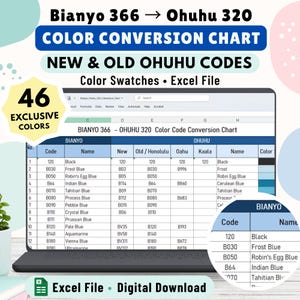 Tabla de conversión de colores de Bianyo 366 a Ohuhu 320, códigos nuevos y antiguos, hoja de cálculo de Excel