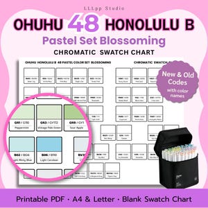 May include: A chromatic swatch chart for the Ohuhu 48 Honolulu B Pastel Set Blossoming, featuring a grid of color codes and names. A circular magnifying overlay shows specific green and blue swatches. A black carrying case with markers is included.