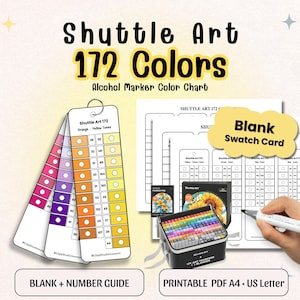 Op de afbeelding: Een afbeelding van Shuttle Art 172 kleuren alcoholmarkers, met een kleurenschema en blanco swatchkaarten. De kleurenkaart toont oranje, gele en paarse tinten, en een zwarte marker case. De tekst luidt "Blank + Number Guide" en "Printable PDF A4 • US Letter."