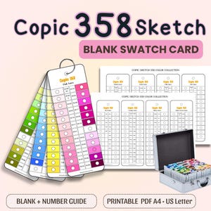Może przedstawiać: Zestaw pustych kart do próbek Copic 358 Sketch. Zawiera karty z próbkami kolorów w różnych kolorach, pusty przewodnik po numerach i plik PDF do wydruku w formacie A4. Widoczna jest również walizka z markerami Copic.