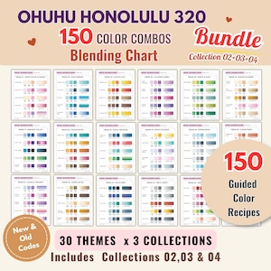 May include: Ohuhu Honolulu 320 blending chart bundle featuring 150 color combos and 150 guided color recipes across 30 themes. This collection includes sets 02, 03, and 04, displaying various color gradients and codes for markers.