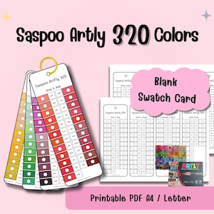 May include: Image of Saspoo Artly 320 Colors. The image shows colour swatches and blank swatch cards. The colour swatches are organised by colour families, including pink, red, grey, plum, purple, lavender, blue, and blue tones. The text "Printable PDF A4 / Letter" is at the bottom.