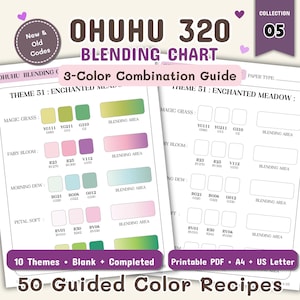 Pode incluir: Uma tabela de mistura Ohuhu 320 com um guia de combinação de 3 cores para 10 temas, incluindo Enchanted Meadow. O PDF imprimível inclui páginas em branco e preenchidas nos tamanhos A4 e US Letter, com 50 receitas de cores guiadas.
