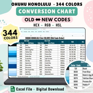 May include: A digital conversion chart for Ohuhu Honolulu 344 colors displayed on a laptop screen. The spreadsheet lists old and new color codes, names, HEX, RGB, and HSL values. A circular inset shows a zoomed-in view of the table rows. Text includes Ohuhu Honolulu 344 Colors Conversion Chart Old New Codes and Excel File Digital Download.