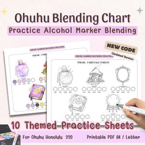 Può includere: Tabella di miscelazione Ohuhu stampabile per pennarelli ad alcol. Include 10 fogli di pratica a tema con temi di fate e foreste incantate. Il testo recita "Ohuhu Blending Chart" e "Practice Alcohol Marker Blending".