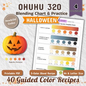 May include: Ohuhu 320 Blending Chart & Practice Halloween printable PDF featuring 40 guided color recipes. Includes a jack-o'-lantern illustration, palette preview, and five color blend sections with specific marker codes for A4 and Letter size.