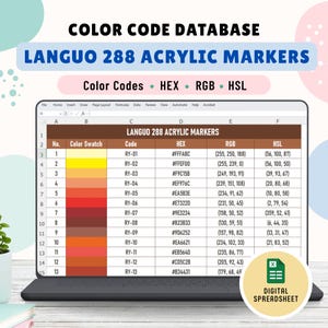 Könnte beinhalten: Eine digitale Tabelle auf einem Laptop-Bildschirm mit dem Titel Color Code Database Languo 288 Acrylic Markers. Die Tabelle listet Farbmuster, Codes sowie HEX-, RGB- und HSL-Werte für dreizehn verschiedene Farben von Gelb bis Braun auf.