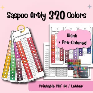May include: A collection of color swatches and printable PDF sheets with the text "Saspoo Artly 320 Colors." The swatches are arranged in a fan shape, displaying various shades of pink, red, yellow, and green. The image also includes a box of colored pencils.