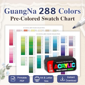 May include: A pre-colored swatch chart with the text "GuangNa 288 Colors" and "Pre-Colored Swatch Chart". The chart displays color swatches in rows and columns. A black and red marker case with the word "Acrylic" is in the image. The image also includes the text "Printable PDF", "A4 & Letter Size", and "Instant Download".