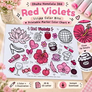 Puede incluir: Una carta de colores imprimible Ohuhu Honolulu 344 Red Violets para marcadores con varias ilustraciones rosas y moradas como un nenúfar, hibisco, bola de discoteca y tarro de mermelada, con códigos de color y etiquetas en una hoja blanca.