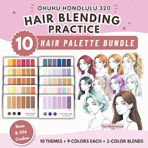 May include: Ohuhu Honolulu 320 Hair Blending Practice 10 Hair Palette Bundle featuring ten color swatch cards with nine colors each and three-color blends. Includes illustrations of ten different hairstyles for reference and New & Old Codes labels.