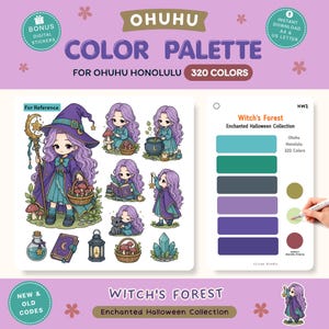 Puede incluir: Una hoja de referencia de paleta de colores digital para marcadores Ohuhu Honolulu titulada Witch's Forest. Incluye ilustraciones de un personaje de pelo morado con traje de bruja, setas, un gato, un libro, una linterna, una botella y muestras de color.