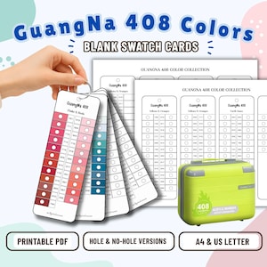 以下が含まれることがあります： GuangNa 408 Colorsの空白スウォッチカードセット。印刷されたカラーサークルとラベルが付いた白い紙のカードが扇状に束ねられています。アクリルマーカー用のライムグリーンのキャリングケースと、GuangNa 408 Color Collectionというテキストが含まれています。