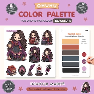 May include: A digital color palette reference sheet for Ohuhu Honolulu markers titled Haunted Manor Enchanted Halloween Collection. It features chibi-style illustrations of a character in a cape, books, a rose in a glass dome, and a key, alongside color swatches.