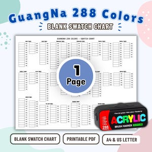 Peut inclure: Un nuancier vierge GuangNa 288 couleurs imprimé sur une feuille blanche. Le tableau présente des colonnes organisées pour divers tons de couleur. Une pastille bleue affiche le texte 1 Page. Un étui de marqueurs acryliques est présent.