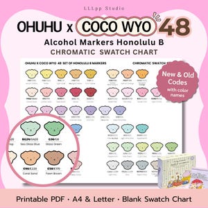 Ohuhu x Coco Wyo 48 | Chromatic Swatch Chart | Better Color Blending | New & Old Codes, Bonus Coloring Page | Printable PDF