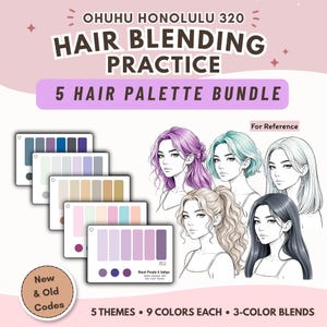 May include: Ohuhu Honolulu 320 Hair Blending Practice 5 Hair Palette Bundle featuring five rectangular color swatch cards with various shades. Five illustrated portraits of individuals with different hairstyles are shown for reference.