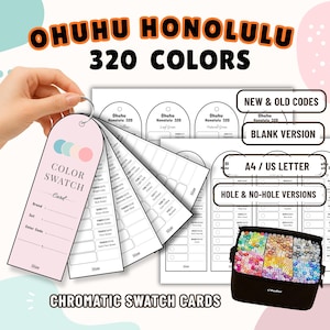 May include: Ohuhu Honolulu 320 Colors chromatic swatch cards set featuring a fan-style deck of white paper cards with printed color names and codes, alongside A4 and US Letter printable sheets and a black carrying case filled with markers.