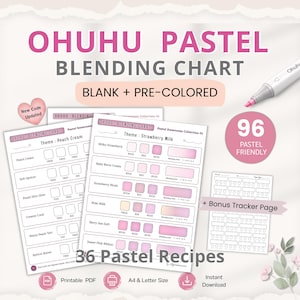 Op de afbeelding: Een pastel mengkaart met de tekst "OHUHU PASTEL BLENDING CHART" in roze en grijs. De kaart bevat blanco en voorgekleurde secties, met 36 pastelrecepten en een bonus tracker pagina. Een roze stift is zichtbaar.