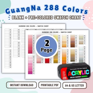 Pode incluir: Um download digital com uma tabela de cores GuangNa de 288 tons em 2 páginas nos formatos A4 e carta dos EUA. O conjunto inclui modelos em branco e pré-coloridos para marcadores acrílicos, apresentados ao lado de um estojo preto com texto.