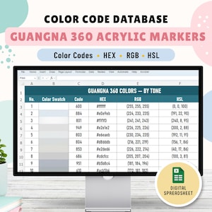 Pode incluir: Um monitor de computador exibindo uma planilha digital intitulada COLOR CODE DATABASE GUANGNA 360 ACRYLIC MARKERS. A tela mostra uma tabela com colunas para amostra de cor, código, HEX, RGB e valores HSL para vários tons de cinza e branco.
