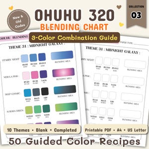 May include: An Ohuhu 320 Blending Chart, Collection 03, featuring a 3-color combination guide with 50 guided color recipes. The document displays themes like Midnight Galaxy, Starry Night, Nebula Pink, Deep Cosmic, and Aurora Green with blank and completed sections for color testing, available in A4 and US Letter sizes.