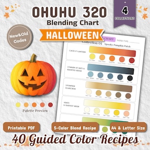 Op de afbeelding: Een Ohuhu 320 mengkaart voor Halloween met een pompoenillustratie, een kleurenpaletvoorbeeld en een printbare PDF-gids. De kaart bevat 4 collecties met 40 begeleide kleurrecepten, 5-kleuren mengrecepten en opties voor A4- en letterformaat.