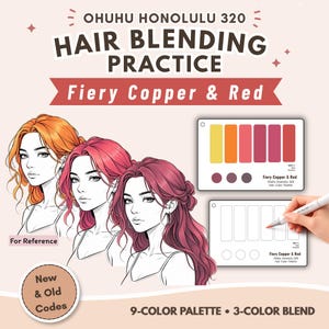 Könnte beinhalten: Ohuhu Honolulu 320 Hair Blending Practice Blatt für Fiery Copper & Red. Enthält drei illustrierte Porträts von Personen mit unterschiedlichen Haarfarben, eine 9-Farben-Palette, eine 3-Farben-Mischhilfe und eine leere Übungsvorlage.