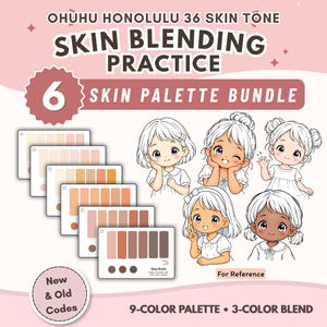 Könnte beinhalten: Ohuhu Honolulu 36 Skin Tone Skin Blending Practice 6 Skin Palette Bundle mit sechs rechteckigen Karten mit Farbmustern und fünf illustrierten Chibi-Figuren mit verschiedenen Hauttönen als Referenz. Enthält 9-Farben-Palette und 3-Farben-Mischung.