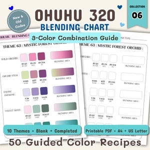 Peut inclure: Ohuhu 320 Blending Chart Collection 06, un guide de combinaison de 3 couleurs avec 50 recettes de couleurs guidées. Le PDF imprimable comprend 10 thèmes avec des versions vierges et remplies aux formats A4 et US Letter, affichant les codes.
