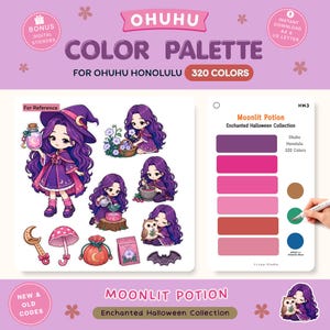 May include: A digital color palette reference sheet for Ohuhu Honolulu markers featuring the Moonlit Potion Enchanted Halloween Collection. It includes chibi-style illustrations of a purple-haired character, a moon wand, mushroom, potion bag, and seed packet, alongside a color swatch card with six pink and purple shades.