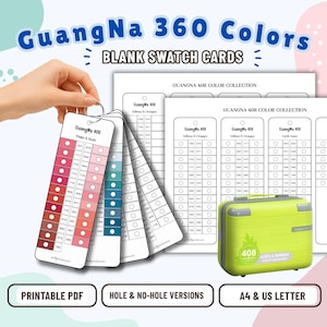 Peut inclure: Un ensemble de cartes d'échantillons vierges GuangNa 360 Colors composé de feuilles de papier blanc avec des grilles imprimées et des points de couleur circulaires. Inclut des fichiers PDF imprimables aux formats A4 et US Letter.