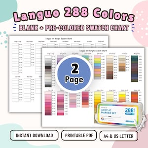 以下が含まれることがあります： 2ページ構成のLanguo 288色アクリルカラーチャート。空欄と色見本、カラーコードが記載されています。A4およびUSレターサイズに対応した印刷可能なPDF形式で、288本のアクリルマーカーセットが付属しています。