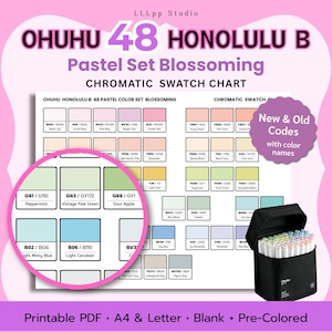Puede incluir: Tabla de muestras cromáticas Ohuhu 48 Honolulu B Pastel Set Blossoming con una cuadrícula de cuadrados de colores pastel con códigos y nombres. Un zoom circular resalta tonos verdes y azules. Un estuche negro contiene marcadores.