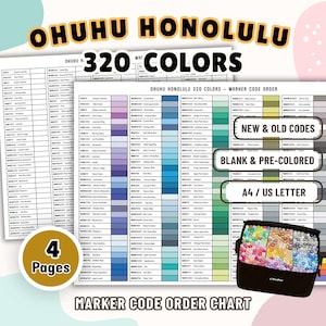 Può includere: Una tabella colori per pennarelli Ohuhu Honolulu 320 con quattro pagine di elenchi di codici. La tabella include colonne per codici nuovi e vecchi, opzioni vuote e pre-colorate, e formati A4 o US Letter. È mostrata una custodia nera piena di pennarelli.