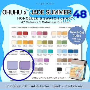 Könnte beinhalten: Eine Ohuhu x Jade Summer Honolulu B Farbtabelle mit 48 Farbfeldern, bestehend aus 47 Farben und 1 farblosen Blender. Das weiße Blatt zeigt Reihen von farbigen Quadraten mit zugehörigen Codes und Namen sowie ein kleines Notizbuch.