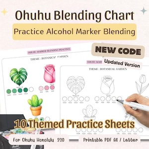 Op de afbeelding: Een afdrukbare Ohuhu Blending Chart voor alcoholmarkers. De kaart bevat 10 thematische oefenbladen met botanische tuinontwerpen, waaronder bladeren, rozen en cactussen. Voor Ohuhu Honolulu 320 markers, verkrijgbaar in A4- en Letter-formaten.