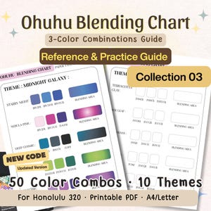 Peut inclure: Un guide de mélange de couleurs pour les marqueurs Ohuhu, présentant 50 combinaisons de couleurs sur 10 thèmes. Le guide comprend des nuanciers et des zones de mélange pour la pratique, avec le texte "Collection 03" et "Reference & Practice Guide".
