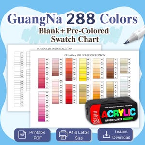 May include: A GuangNa 288 Colors Blank and Pre-Colored Swatch Chart featuring a grid of numbered color boxes. The image includes a black acrylic brush marker case with red accents and the text Acrylic Brush Marker 288 Colorspcs.