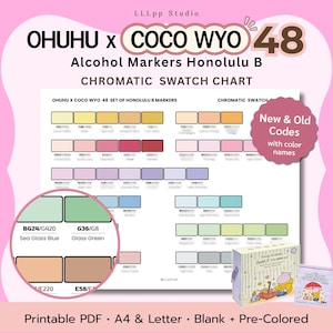 May include: A chromatic swatch chart for 48 Ohuhu x Coco Wyo Honolulu B alcohol markers. The document displays colour blocks with codes and names, including a circular zoom-in feature. A small box and a booklet are shown in the bottom right corner.