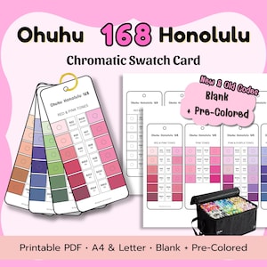 Könnte beinhalten: Ohuhu 168 Honolulu chromatische Farbmusterkarte mit einem fächerartigen Set von Farbfeldern in Rot-, Rosa- und Violetttönen. Enthält ein druckbares PDF, A4- und Letter-Formate, leere und vorgefärbte Vorlagen sowie eine schwarze Markertasche.