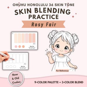 Pode incluir: Conjunto Ohuhu Honolulu 36 Skin Tone Skin Blending Practice Rosy Fair com duas paletas retangulares com amostras de cores, uma ilustração de linha de um personagem como referência e texto indicando uma paleta de 9 cores e uma mistura de 3 cores.