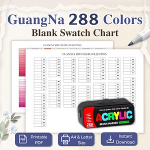 Puede incluir: Una tabla de muestras en blanco con el texto "GuangNa 288 Colors" y "Blank Swatch Chart". La imagen incluye un estuche negro de rotuladores acrílicos y el texto "ACRYLIC BRUSH MARKER". La tabla es un PDF imprimible.