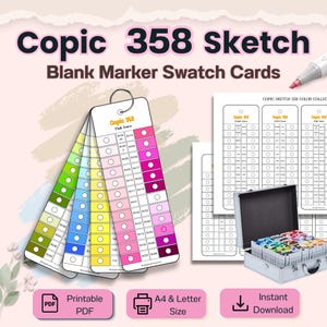 Pode incluir: Imagem de cartões de amostra de marcadores em branco Copic 358 Sketch. A imagem mostra um leque de paleta de cores, folhas de amostra individuais e uma caixa de marcadores. O texto na imagem diz "Copic 358 Sketch Blank Marker Swatch Cards."